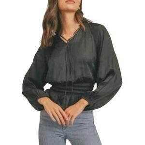 DECKER Gray Satin Tie Neck Ruffled Peplum Blouse        Size: XS